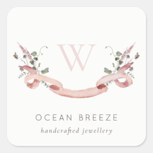Sticker Carré Pastel rose Fleur sauvage aquarelle ruban monogram
