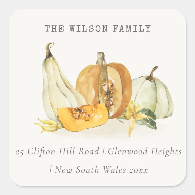 Sticker Carré Pastel Soft Floral Citrouille Thanksgiving Adresse (Devant)