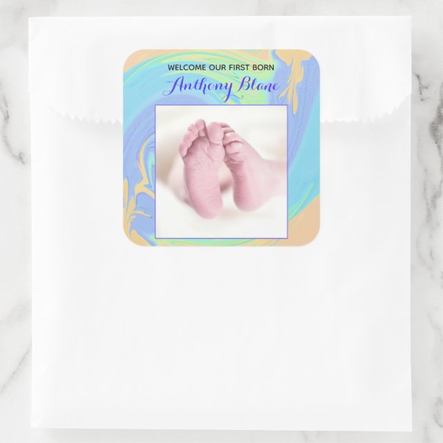 Sticker Carré Pastel Welcome First Born Photo personnalisée (Sac)