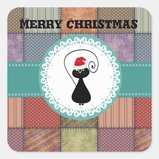 Sticker Carré Patchwork tendance mignonne chatte Père Noël vacan (Devant)