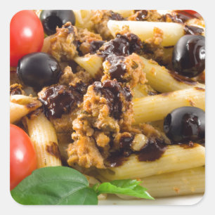 Sticker Carré Pâtes avec de la sauce bolonaise, viande de boeuf