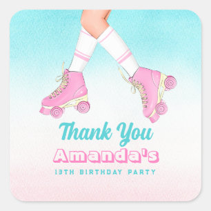 Sticker Carré Patinage à rouleaux rose et Merci bleu