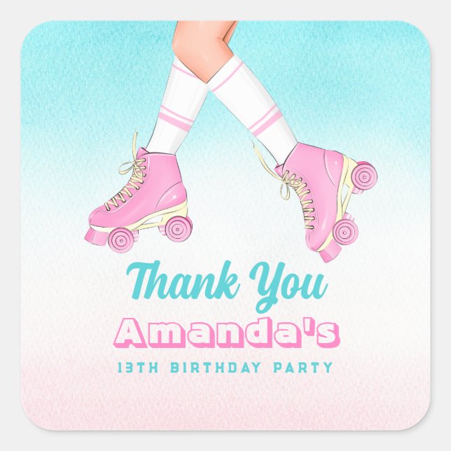 Sticker Carré Patinage à rouleaux rose et Merci bleu (Devant)