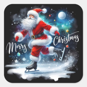 Sticker Carré Patinage de Père Noël sous un fond sombre de lune.