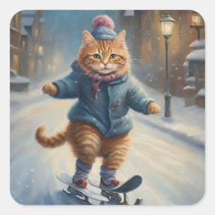 Sticker Carré Patinage mignon Meowy Amoureux des chats de Noël