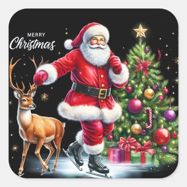 Sticker Carré Patinage père Noël avec rennes par arbre (Devant)