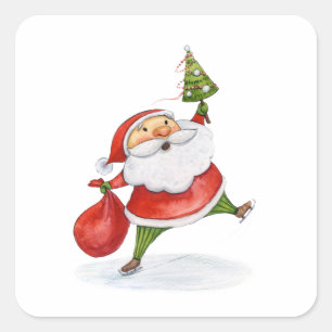 Sticker Carré Patinage Père Noël Cute Noël aquarelle dessin