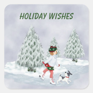 Sticker Carré Patineuse vintage fille et chien