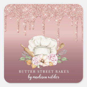 Sticker Carré Pâtisserie Baker Chef Rose Parties scintillant d'o