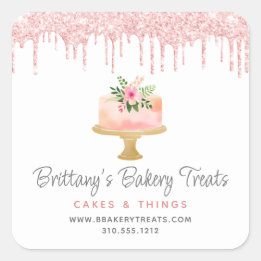 Sticker Carré Pâtisserie Gâteau Rose Pâle Paillettes Gouttes Che