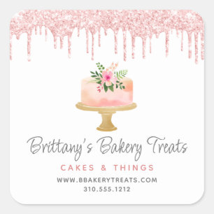 Sticker Carré Pâtisserie Gâteau Rose Pâle Paillettes Gouttes Che