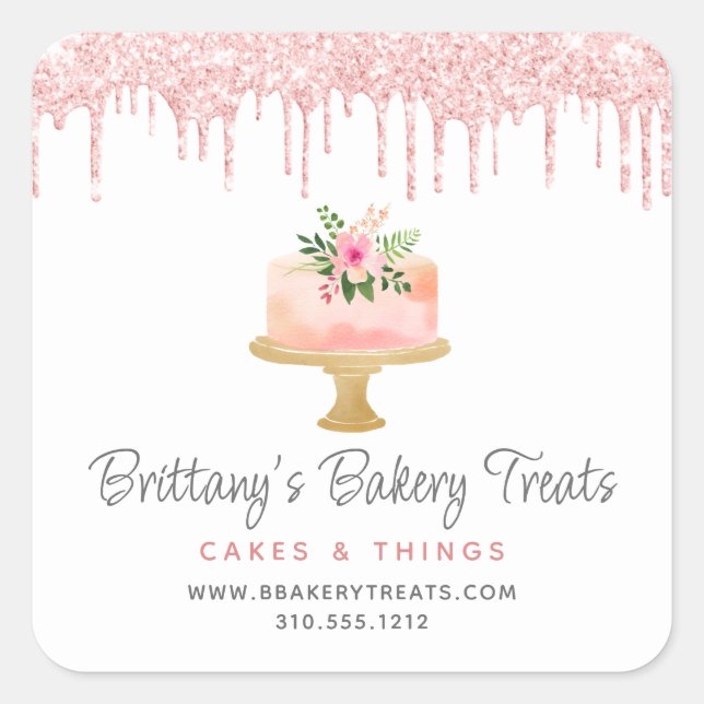 Sticker Carré Pâtisserie Gâteau Rose Pâle Paillettes Gouttes Che (Devant)