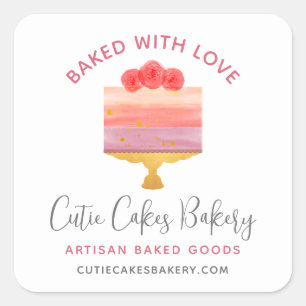Sticker Carré Pâtisserie Gâteau Rose Violet Cuit Avec Amour