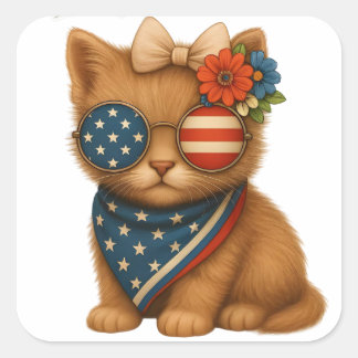 Sticker Carré Patriotic floral coquette bow kitten