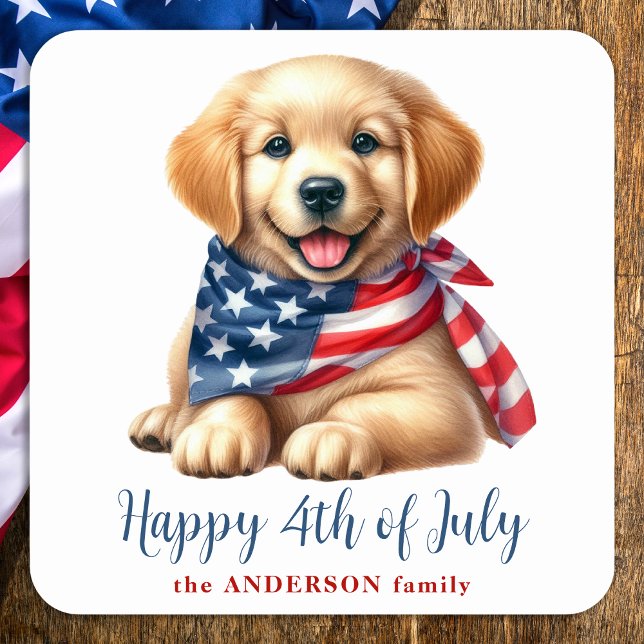 Sticker Carré Patriotique Chiot Golden Retriever Happy 4 juillet (Créateur téléchargé)
