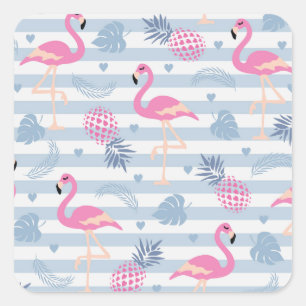 Sticker Carré Patters de Whimsical Flamingo et Pineapple