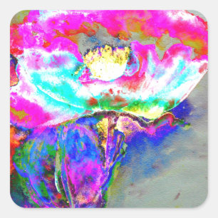 Sticker Carré Pavot rose, aquarelle peinture florale