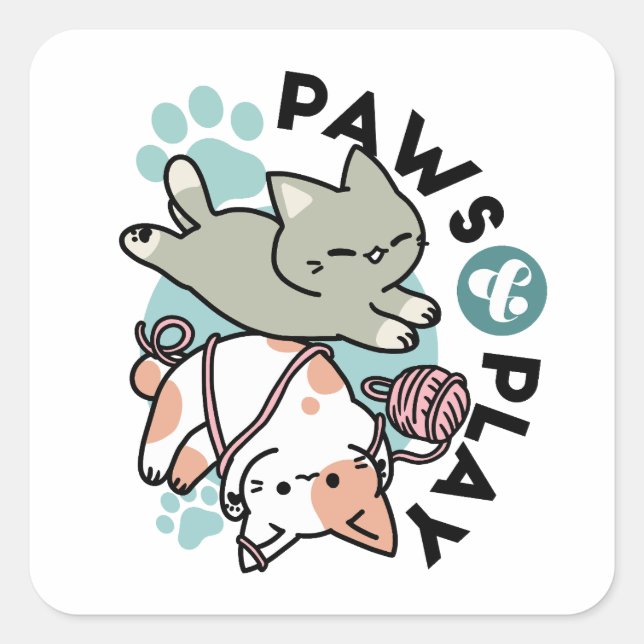 Sticker Carré Paws and Play – Adorable Cat Illustration (Devant)