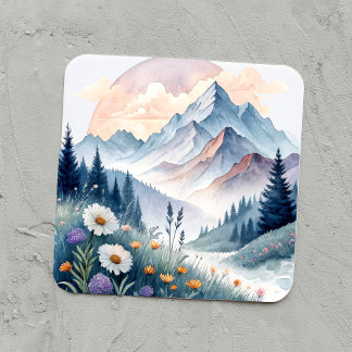 Sticker Carré Paysage alpin aquarelle avec Fleur sauvage