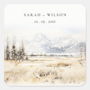 Sticker Carré Paysage aquarelle de mariage à Jackson Hole Wyomin