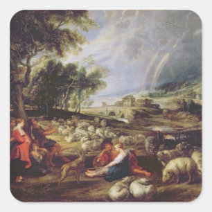 Sticker Carré Paysage avec arc en ciel