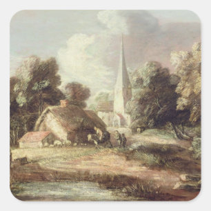 Sticker Carré Paysage avec église, chalet, villageois et une