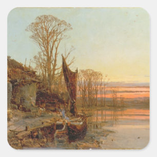 Sticker Carré Paysage avec un cottage ruiné au coucher du