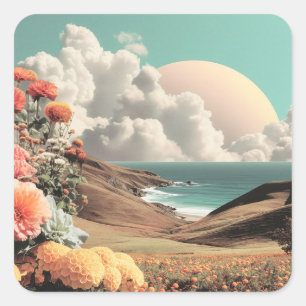 Sticker Carré Paysage côtier surréaliste avec fleurs et nuages