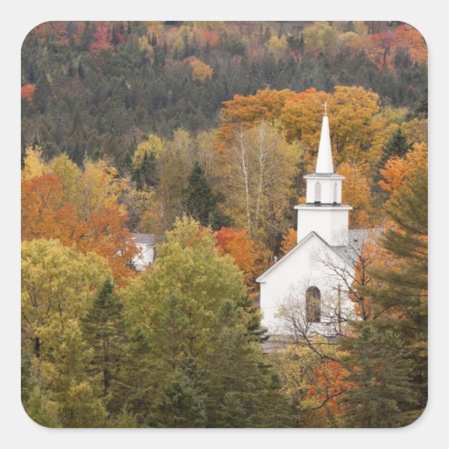 Sticker Carré Paysage d'automne avec église, Vermont, USA (Devant)