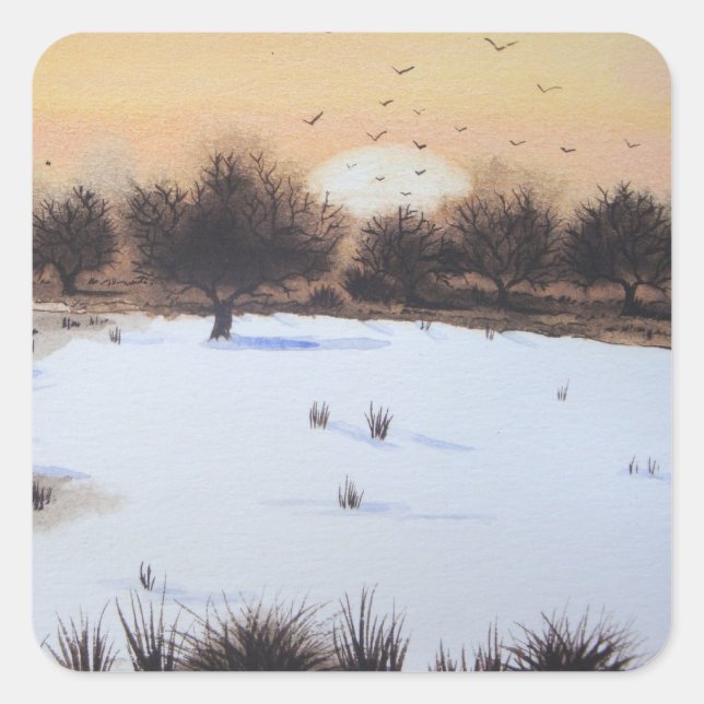 Sticker Carré Paysage de neige de Noël avec arbres enneigés (Devant)