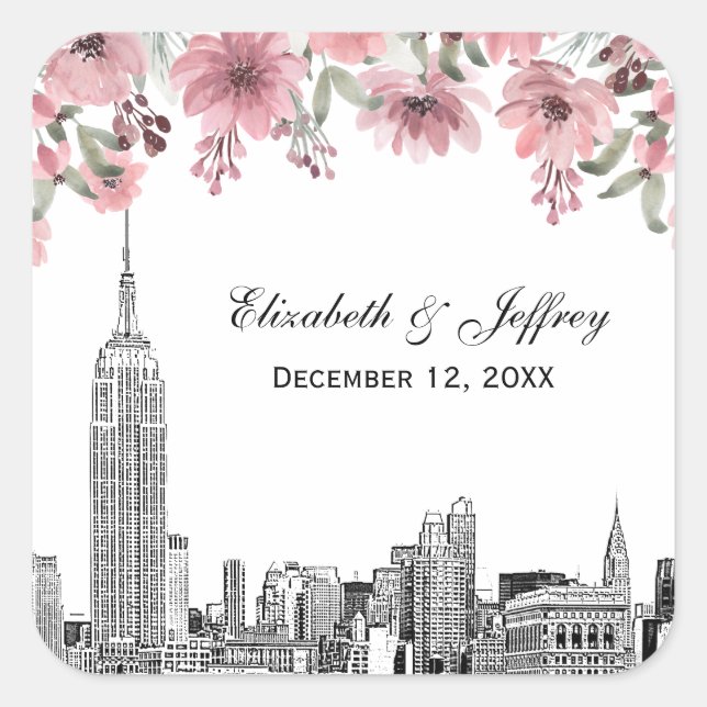 Sticker Carré Paysage de NYC ESB Gravure Fleur Rose Aquarelle  (Devant)