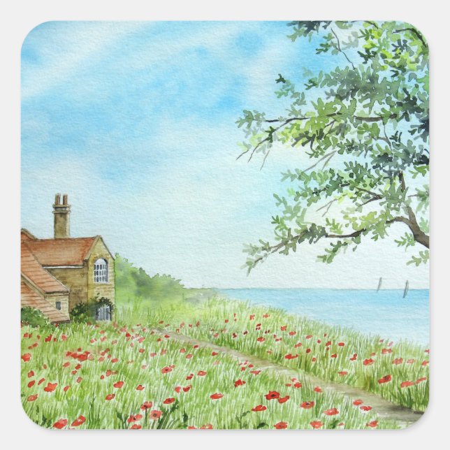 Sticker Carré Paysage de terrain de pavot peinture aquarelle (Devant)