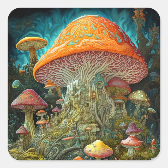Sticker Carré Paysage des champignons Art des Imaginaires surréa (Devant)