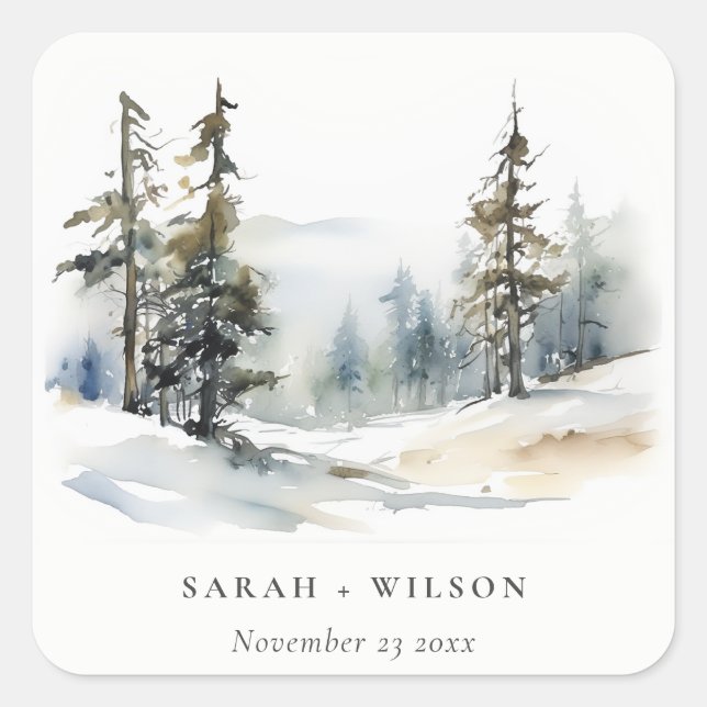 Sticker Carré Paysage des neiges d'hiver Mariage d'aquarelle (Devant)