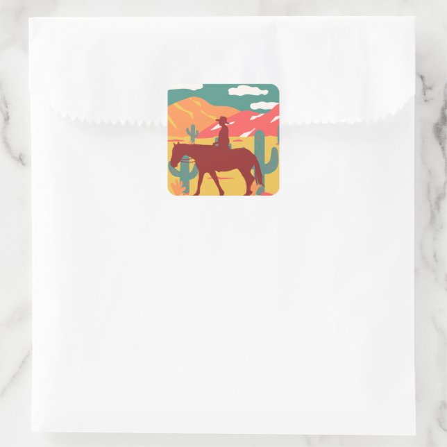 Sticker Carré Paysage du désert de Cowboy Silhouette (Sac)