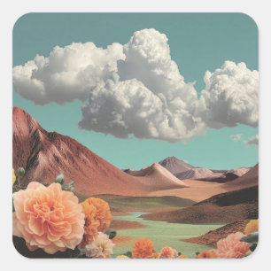 Sticker Carré Paysage Montagnard Floral Surréaliste Avec Nuages