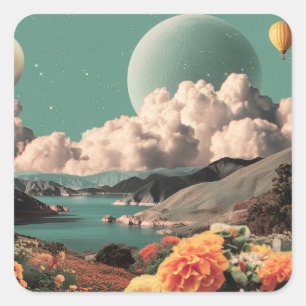 Sticker Carré Paysage montagneux surréaliste avec planètes et nu