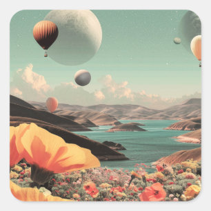 Sticker Carré Paysage surréaliste avec ballons aériens et lune