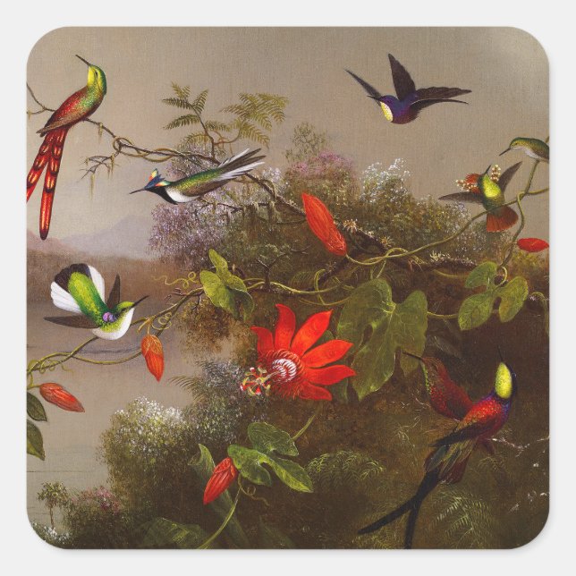 Sticker Carré Paysage tropical avec dix colibris (Devant)