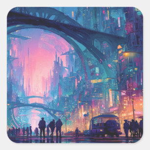 Sticker Carré Paysage urbain cyberpunk futuriste avec des arches