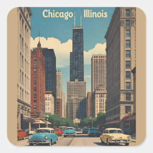 Sticker Carré Paysage urbain vintage de la ville de Chicago Illi