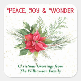 Sticker Carré Peace Joy & Wonder Red Poinsettia Christmas
