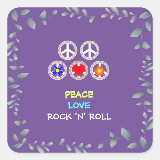 Sticker Carré Peace, Love and Rock 'n' Roll (Devant)