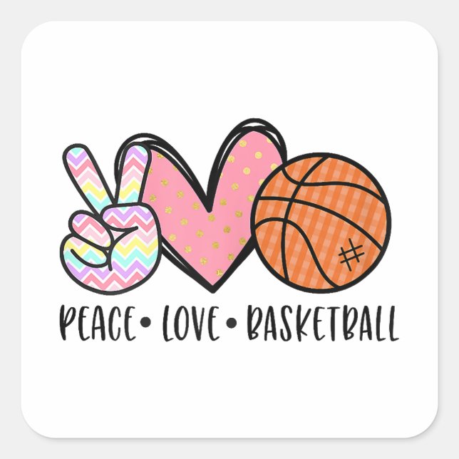 Sticker Carré Peace Love Basketball Coeur pour les Ados entre (Devant)