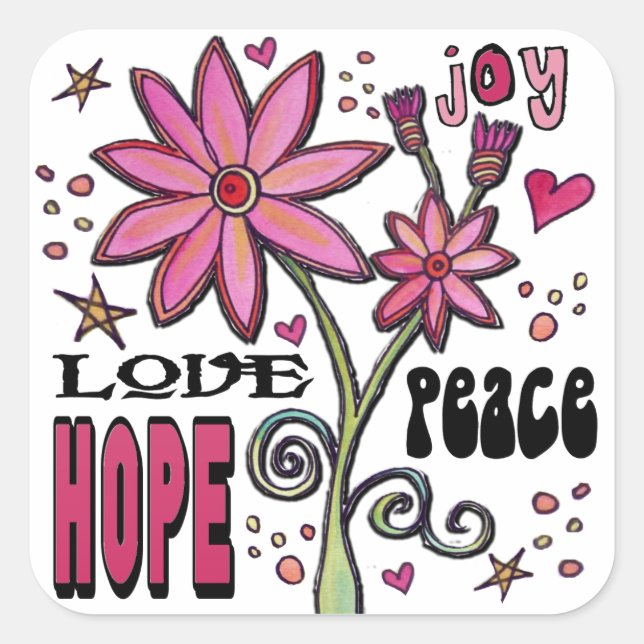 Sticker Carré Peace Love Hope and Flowers (Devant)
