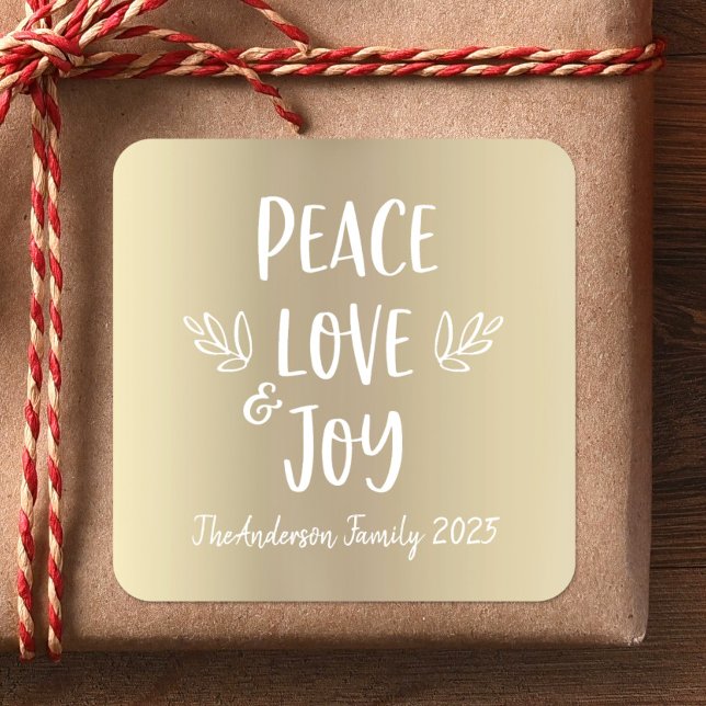 Sticker Carré Peace Love Joy Modern Typography Gold Foil Holiday (Créateur téléchargé)