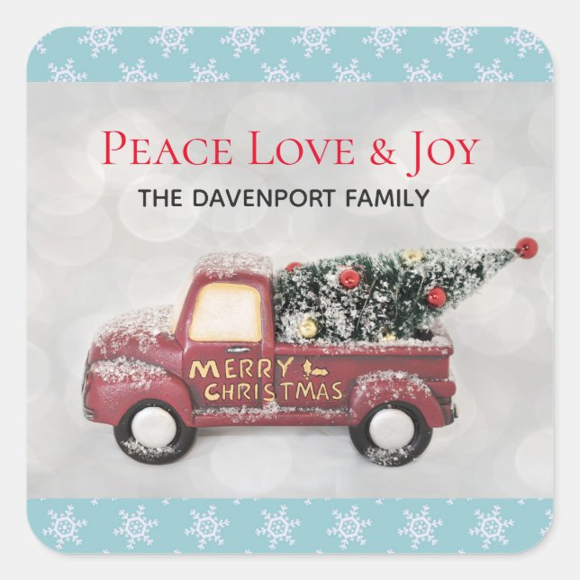 Sticker Carré Peace Love & Joy Toy Camion Joyeux Noël (Devant)
