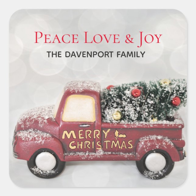 Sticker Carré Peace Love & Joy Toy Camion Joyeux Noël (Devant)
