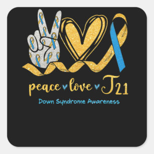 Sticker Carré Peace Love T21 Blue Yellow Ribbon Down Syndrome