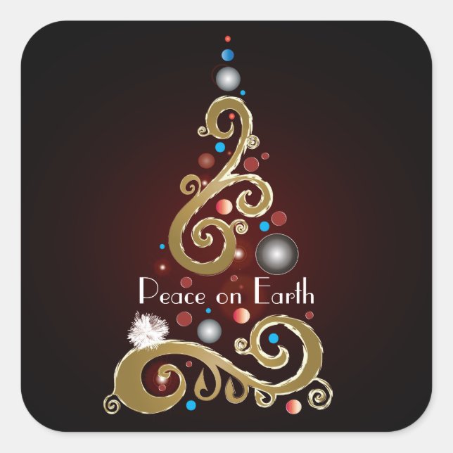 Sticker Carré Peace on Earth citation avec l'or sapin de Noël (Devant)